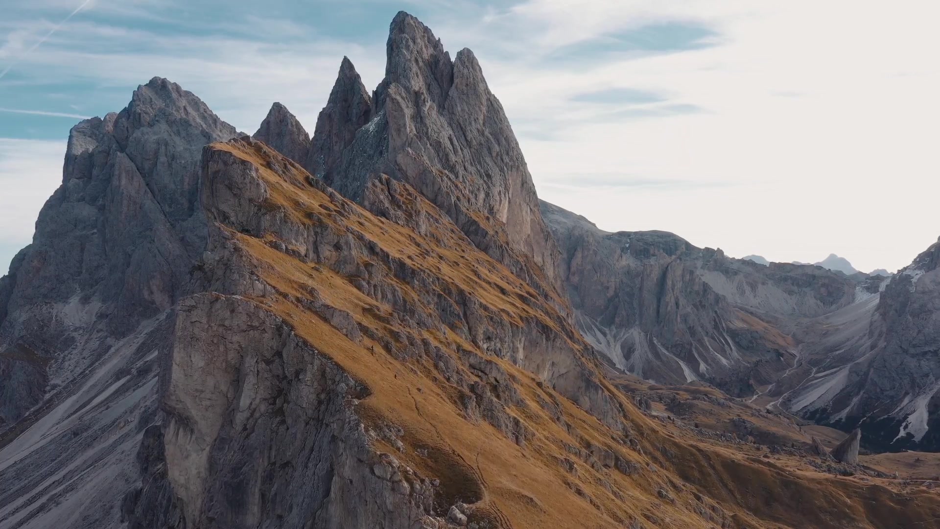 Rocky mountain ridges seen from a drone